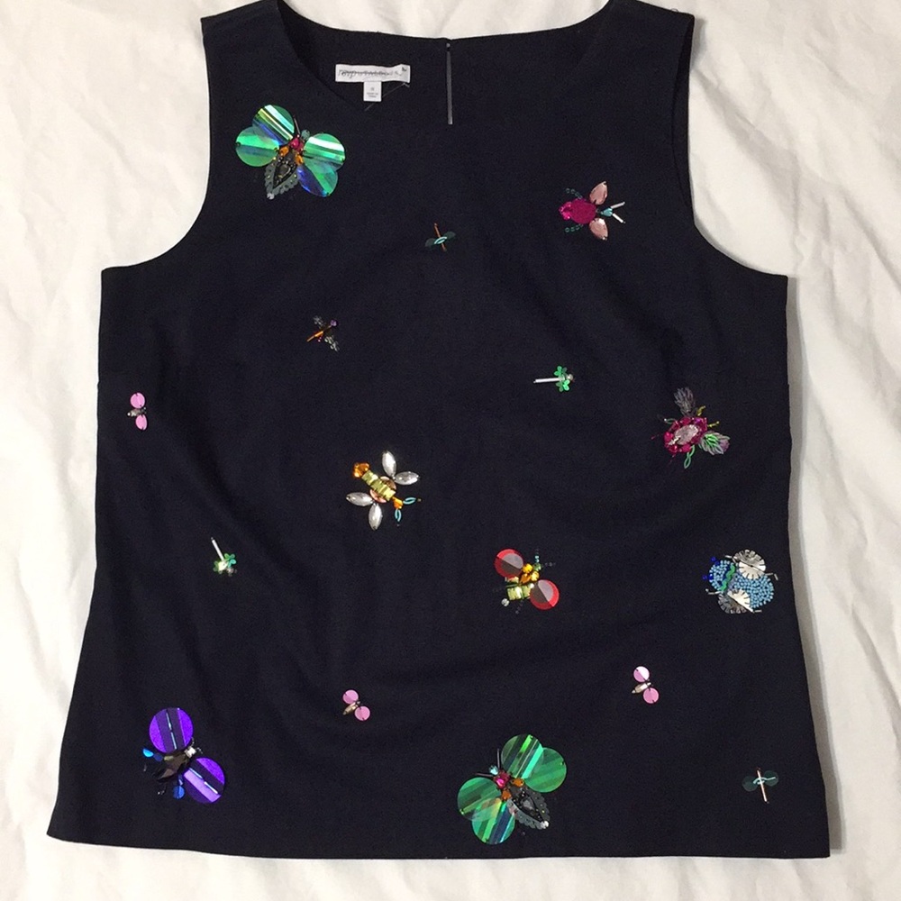 Talbots Black Sleeveless Top with Colorful Insect Embellishments